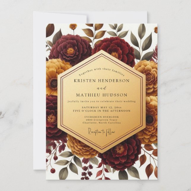 Convite Casamento Romântico Floral Outonal em Borgonha (Frente)