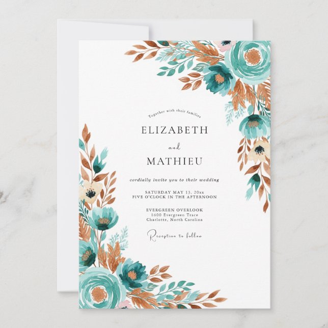 Convite Casamento Romântico Floral Outonal em Verde Azul (Frente)