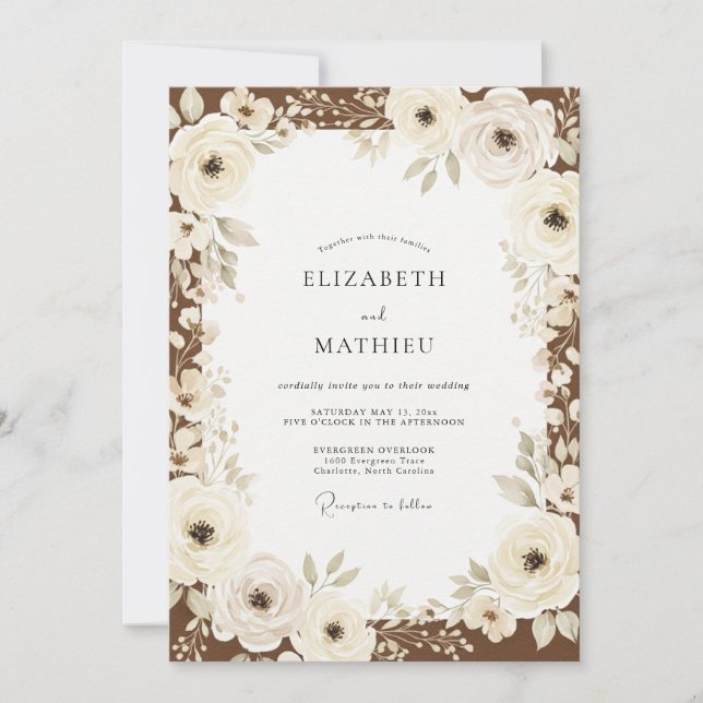 Convite Casamento Romântico Floral Painterly Creme (Frente)