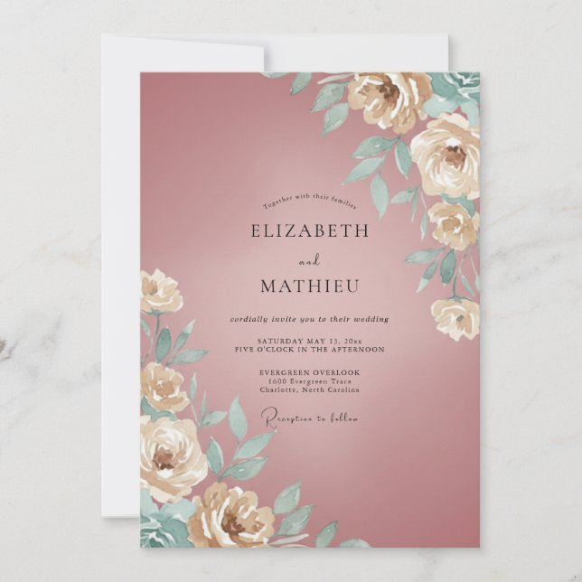 Convite Casamento Romântico Floral Painterly Rosa (Frente)