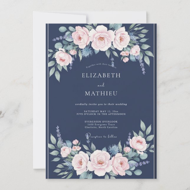 Convite Casamento Romântico Floral Pastel Naval (Frente)