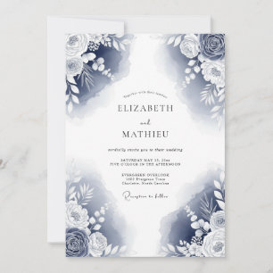 Convite Casamento Romântico Floral Pintado à Mão Marinho