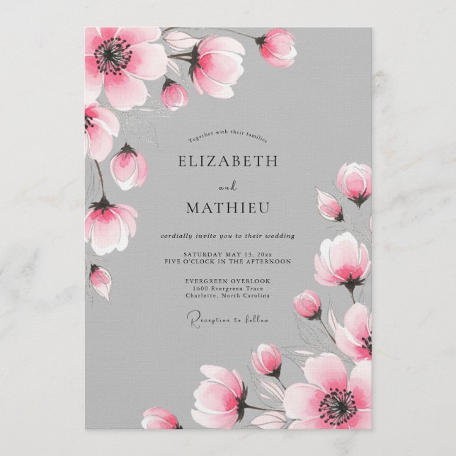 Convite Casamento Romântico Floral Pintado de Rosa (Frente)