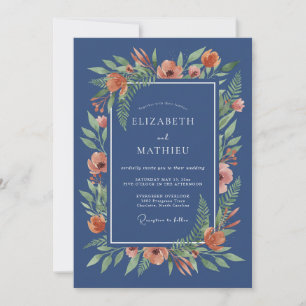 Convite Casamento Romântico Floral Pintado em Azul Naval
