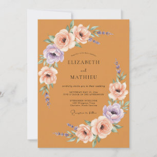 Convite Casamento Romântico Floral Pintado em Laranja Quei