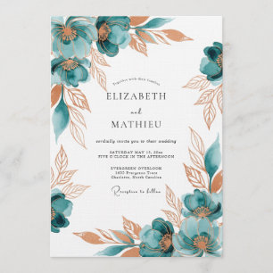Convite Casamento Romântico Floral Pintado em Verde Azul
