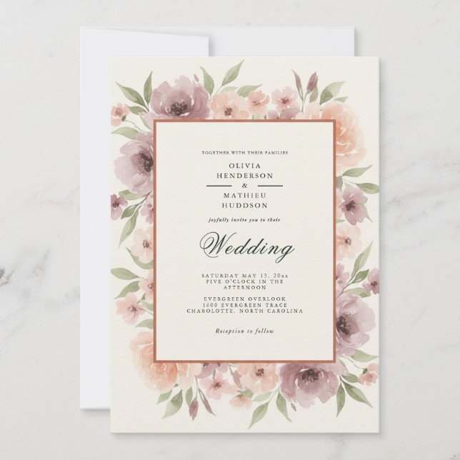 Convite Casamento Romântico Floral Rosa (Frente)