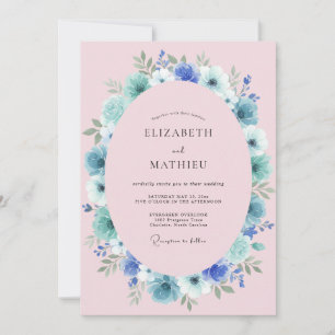 Convite Casamento Romântico Floral Rosa Azul