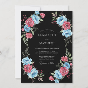 Convite Casamento Romântico Floral Rosa Azul