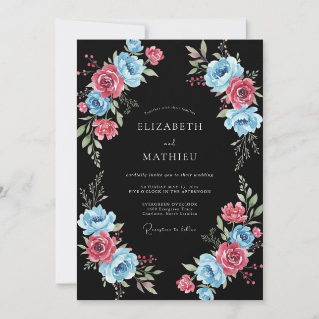 Convite Casamento Romântico Floral Rosa Azul (Frente)