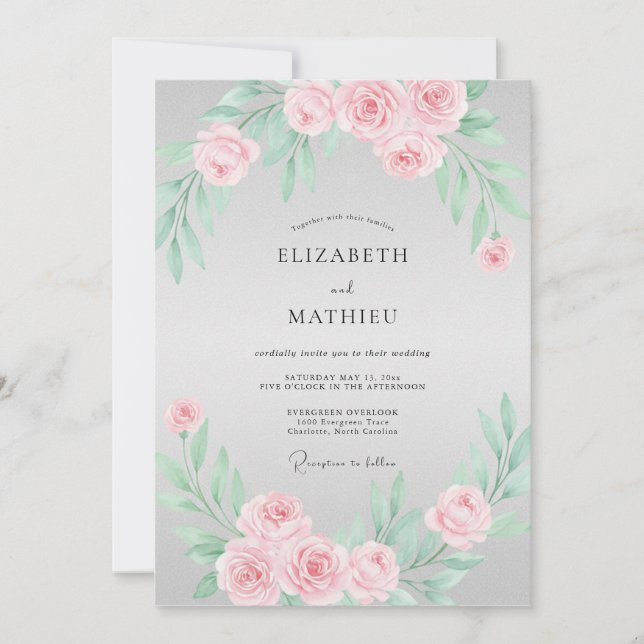 Convite Casamento Romântico Floral Rosa Bege (Frente)