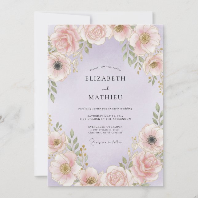 Convite Casamento Romântico Floral Rosa Pálido (Frente)