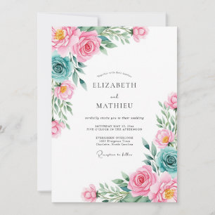 Convite Casamento Romântico Floral Rosa Turquesa