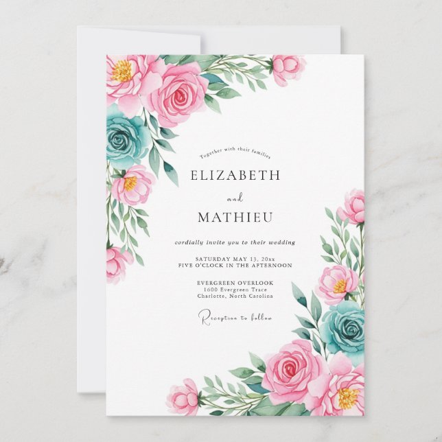 Convite Casamento Romântico Floral Rosa Turquesa (Frente)