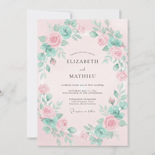 Convite Casamento Romântico Floral Rosa Turquesa (Frente)
