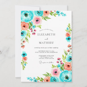 Convite Casamento Romântico Floral Rosa Turquesa