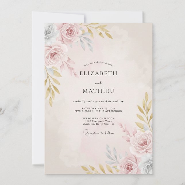 Convite Casamento Romântico Floral Rosado (Frente)