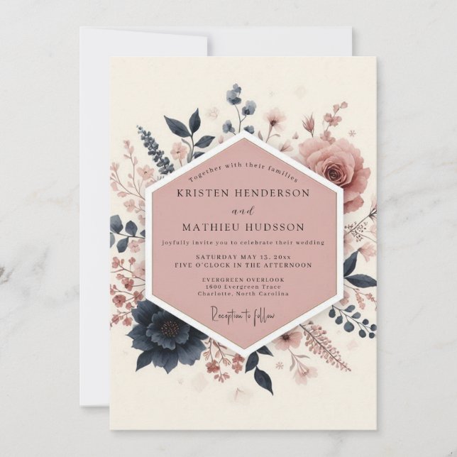 Convite Casamento Romântico Floral Rosado (Frente)