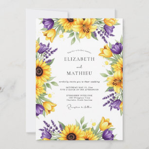Convite Casamento Romântico Floral Roxo Amarelo