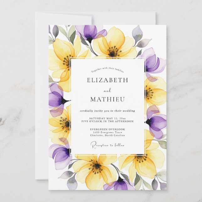 Convite Casamento Romântico Floral Roxo Amarelo (Frente)