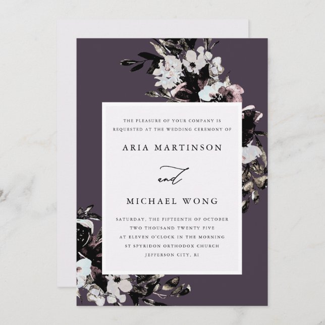 Convite Casamento Romântico Floral Roxo Elegante (Frente/Verso)