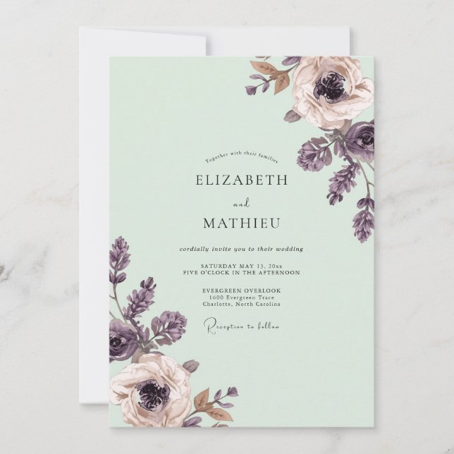 Convite Casamento Romântico Floral Roxo Empoeirado (Frente)