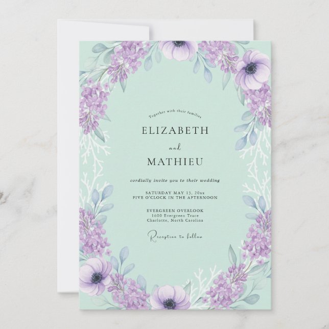 Convite Casamento Romântico Floral Roxo Menta (Frente)