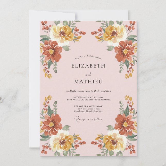 Convite Casamento Romântico Floral Rústico Ócre (Frente)
