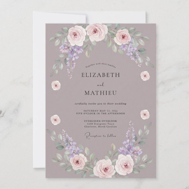 Convite Casamento Romântico Floral Suave Malva (Frente)