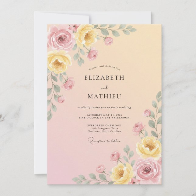 Convite Casamento Romântico Floral Suave Pêssego (Frente)