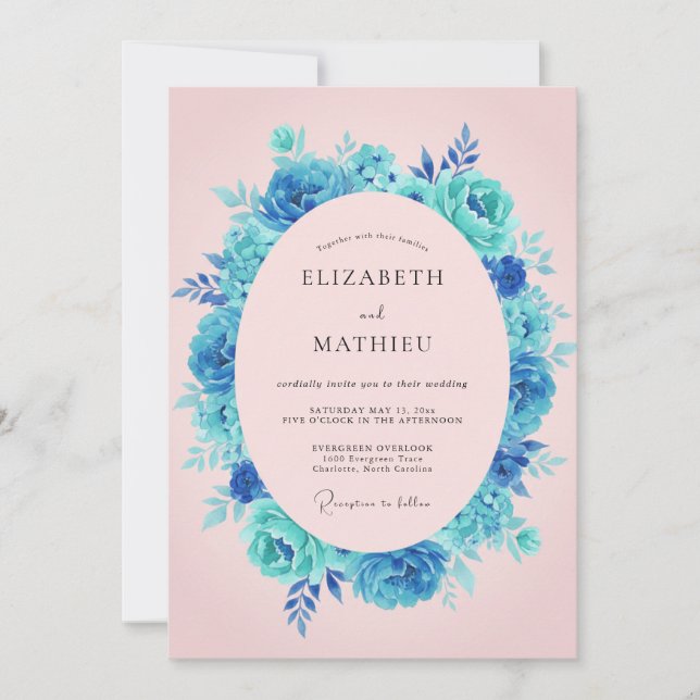 Convite Casamento Romântico Floral Turquesa (Frente)