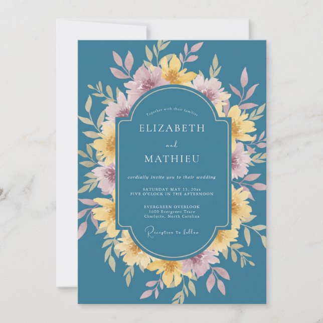 Convite Casamento Romântico Floral Turquesa (Frente)