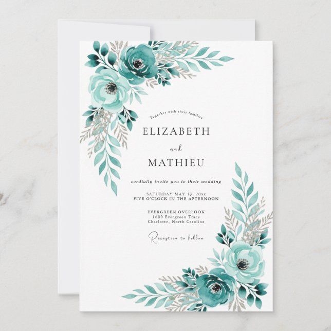 Convite Casamento Romântico Floral Turquesa (Frente)