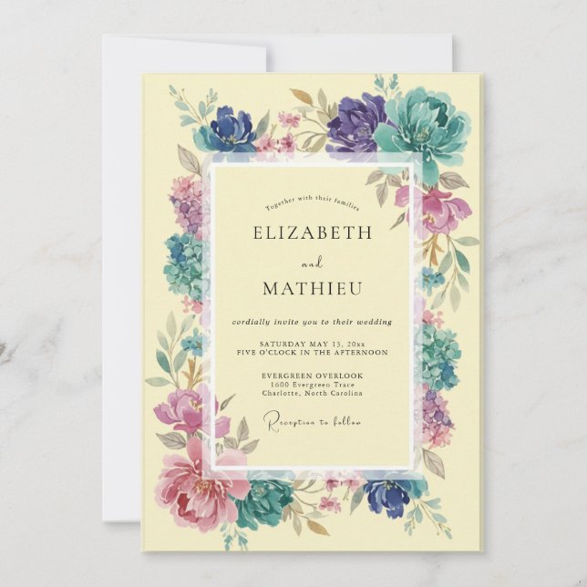 Convite Casamento Romântico Floral Turquesa de Primavera (Frente)
