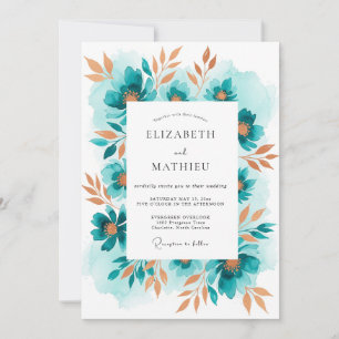 Convite Casamento Romântico Floral Turquesa Pintado
