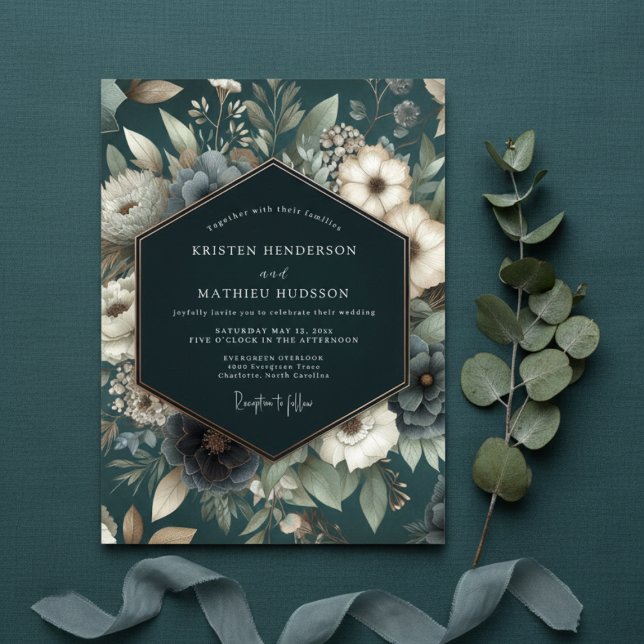 Convite Casamento Romântico Floral Turquesa Sombrio (Criador carregado)
