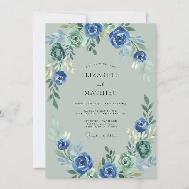Convite Casamento Romântico Floral Verde Azul (Frente)
