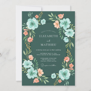 Convite Casamento Romântico Floral Verde-azulado