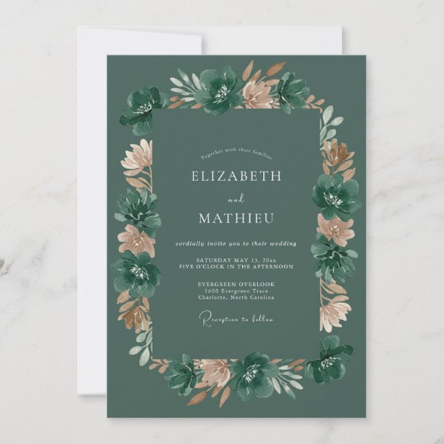 Convite Casamento Romântico Floral Verde Escuro (Frente)