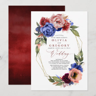 Convite Casamento Romântico Floral Vermelho e Azul Marinho