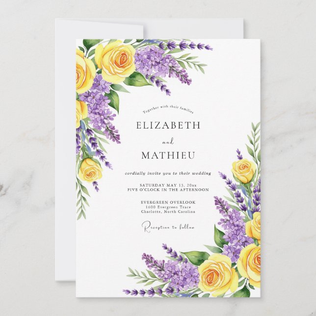 Convite Casamento Romântico Florido Amarelo Roxo (Frente)