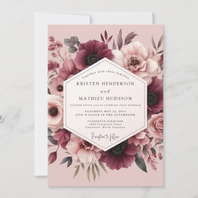 Convite Casamento Romântico Florido de Bege e Marrom (Frente)