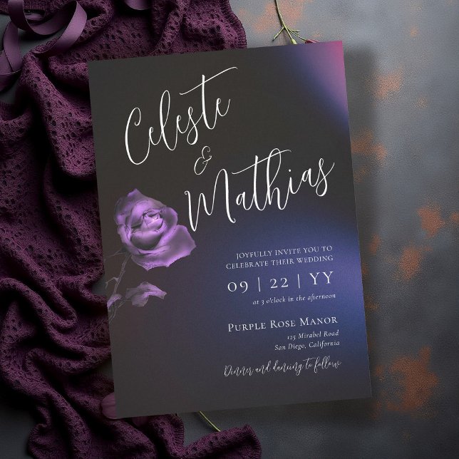 Convite Casamento Romântico Gótico Rosa Roxo Azul Escuro M (dark moody wedding invitation blue purple rose floral elegant romantic modern classic gothic)