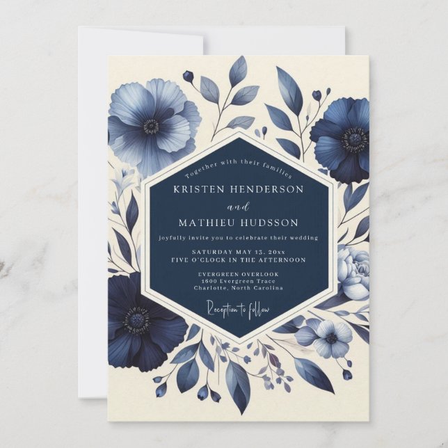 Convite Casamento Romântico Indigo Bloom (Frente)