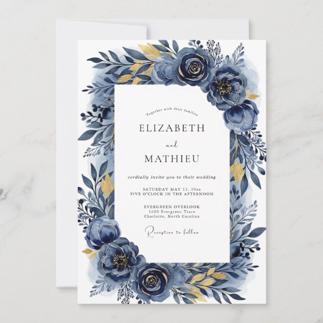 Convite Casamento Romântico Indigo Flourish (Frente)