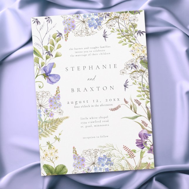 Convite Casamento Romântico Jardim de Flores Silvestres La (Lavender Wildflower Garden White Romantic Wedding Invitation)