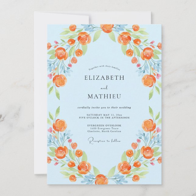 Convite Casamento Romântico Laranja Azul Pétala (Frente)