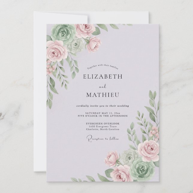 Convite Casamento Romântico Lilás Pálido Delicado (Frente)
