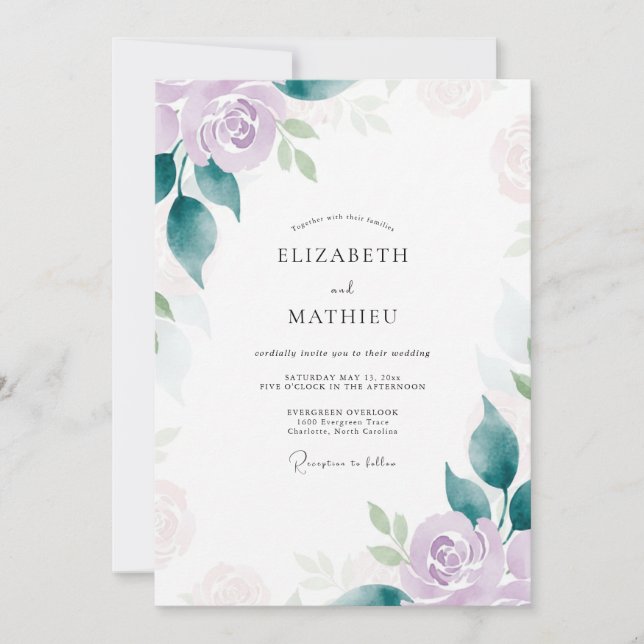 Convite Casamento Romântico Lilás Rosa (Frente)