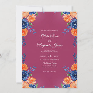 Convite Casamento Romântico Magenta Laranja Dahlia